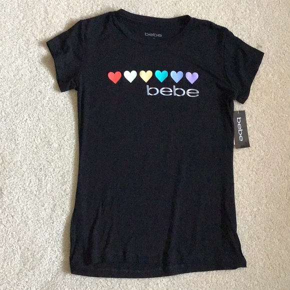SOLD - Bebe Rainbow Hearts Logo Black Tee - NWT - Picture 10 of 11
